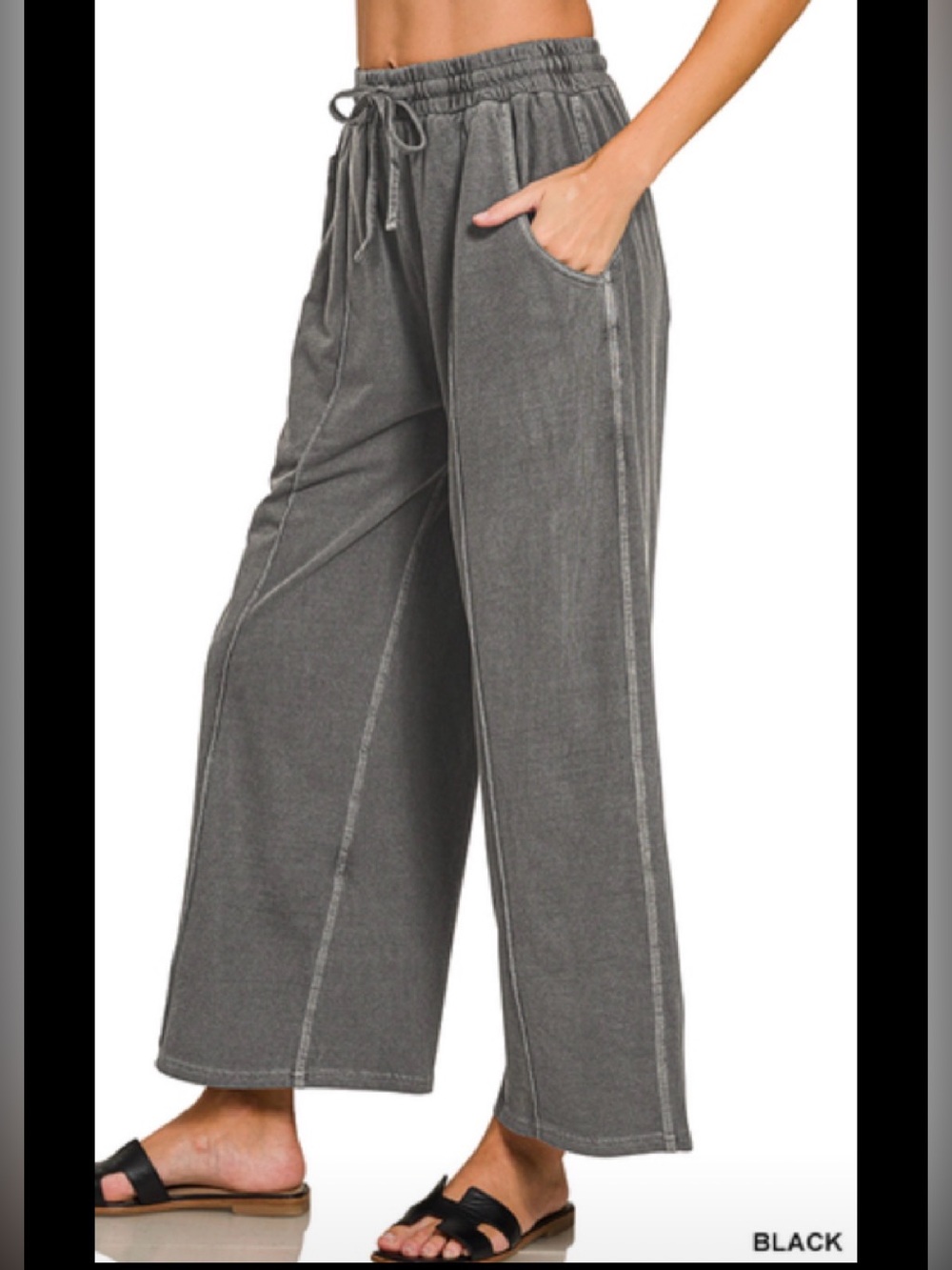 Zenana Outfitters Wide-Leg Drawstring Pants - Charcoal Gray